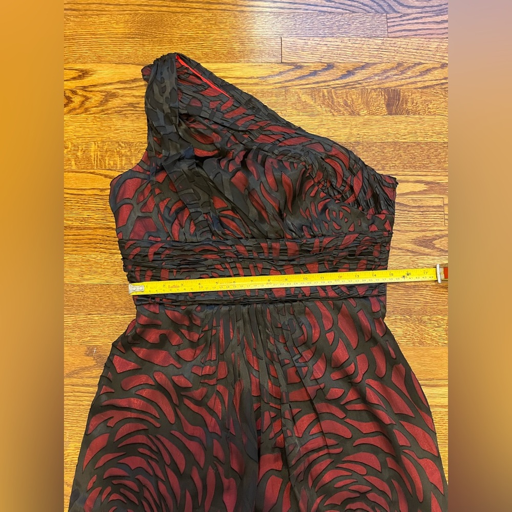 Le Chateau One-Shoulder Black Red Midi Silk Evening Cocktail Prom Formal Dress - Picture 11 of 16
